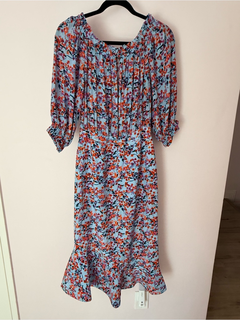 Saloni 100% Silk Floral Print Off The Shoulder Midi Dress Light Blue US 6 UK 10 - Picture 8 of 12